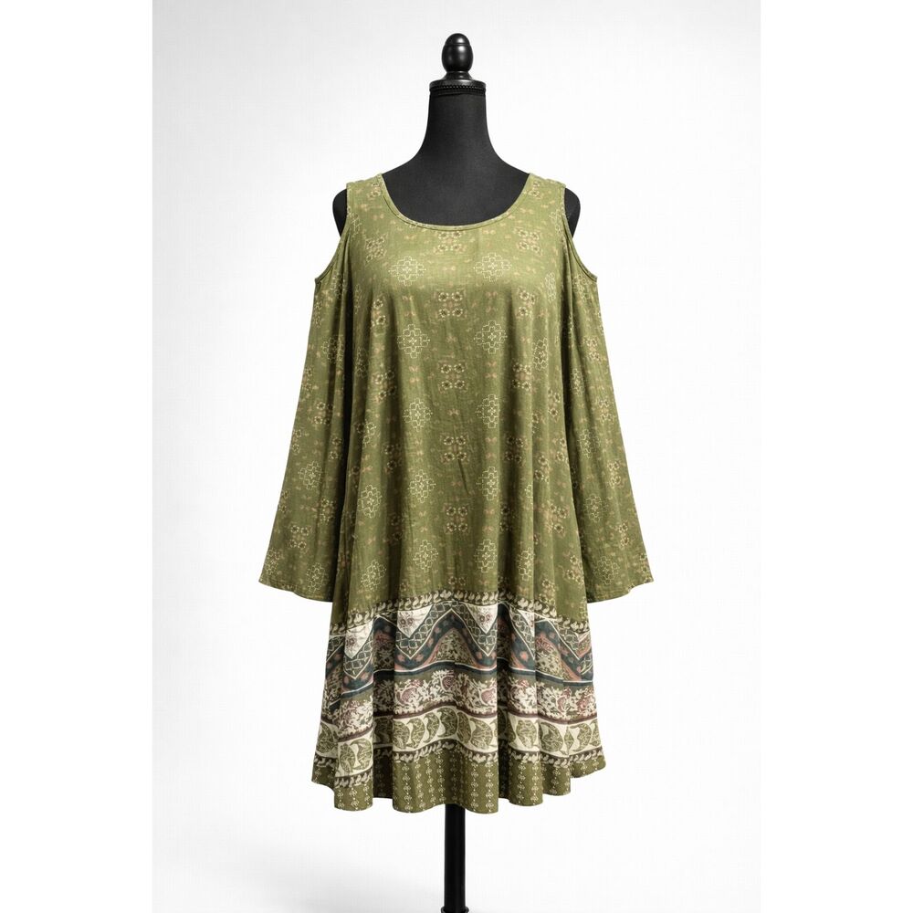 Derek Heart Olive Green Cold Shoulder Dress Size Medium Boho Long Sleeve